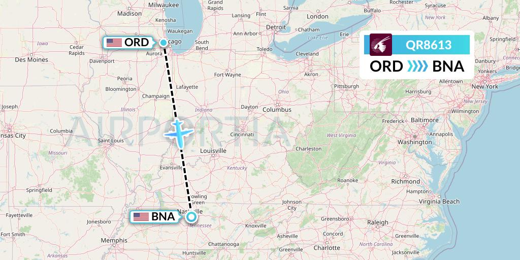 QR8613 Qatar Airways Flight Map: Chicago to Nashville