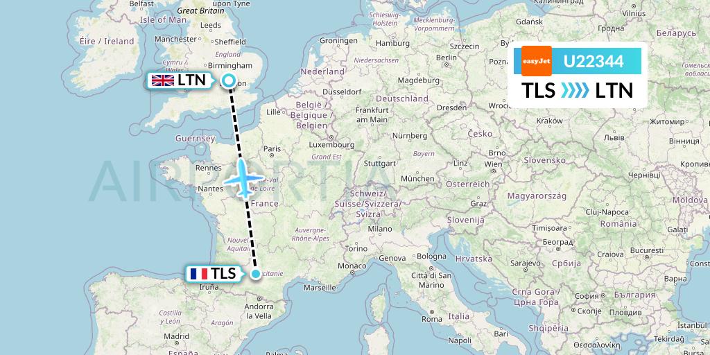 U22344 EasyJet Flight Map: Toulouse to London