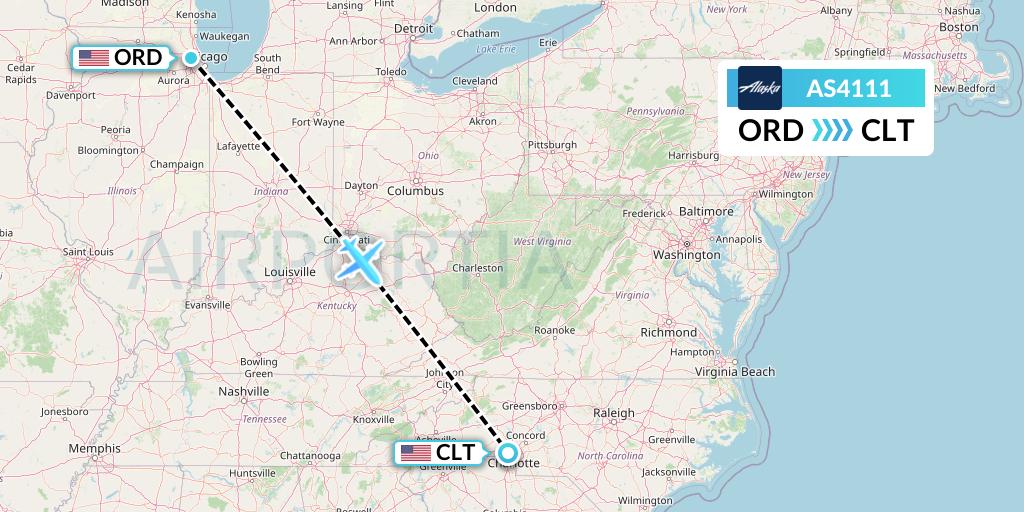 AS4111 Alaska Airlines Flight Map: Chicago to Charlotte
