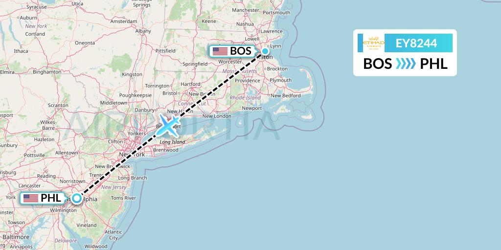 EY8244 Etihad Airways Flight Map: Boston to Philadelphia