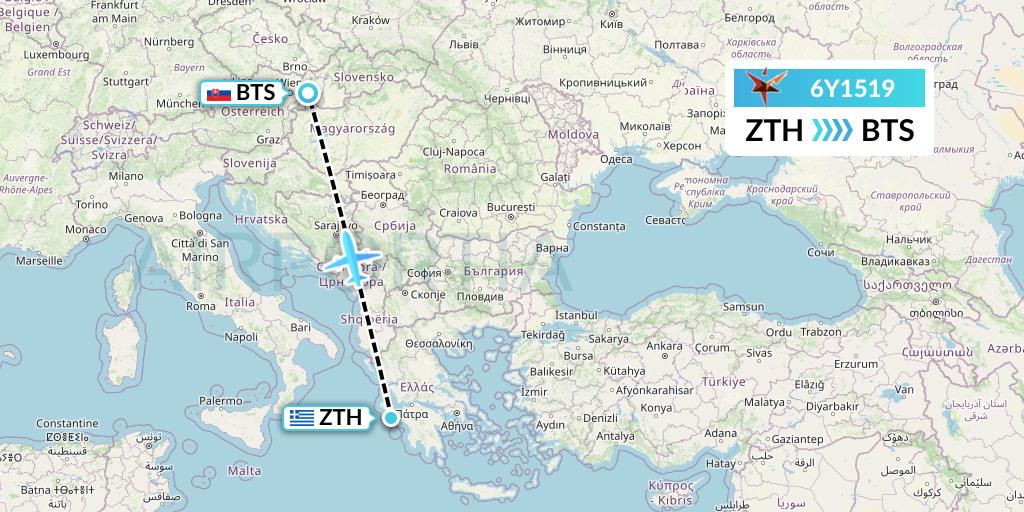 6Y1519 SmartLynx Flight Map: Zakynthos to Bratislava