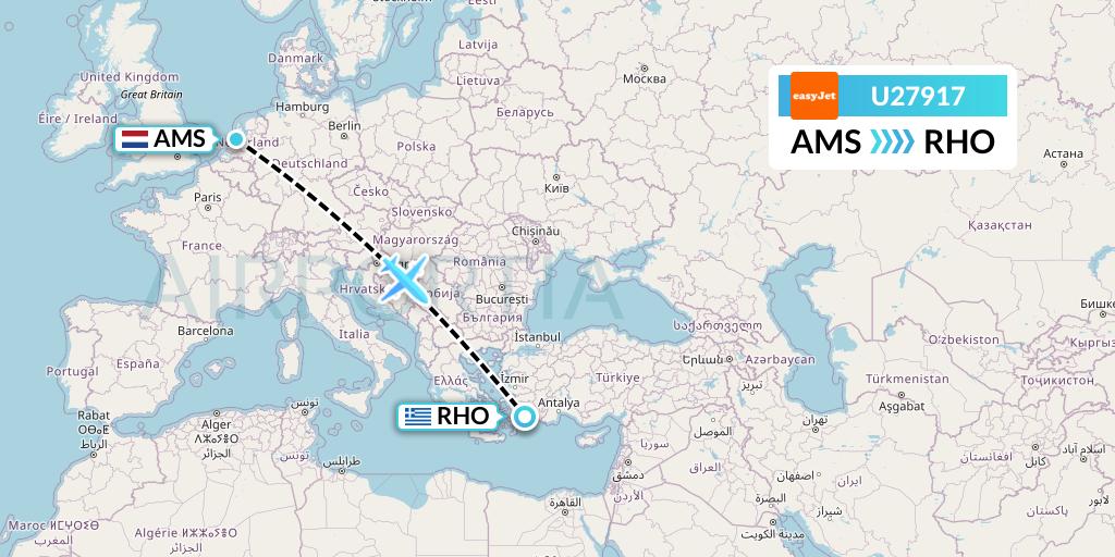 U27917 EasyJet Flight Map: Amsterdam to Rhodes