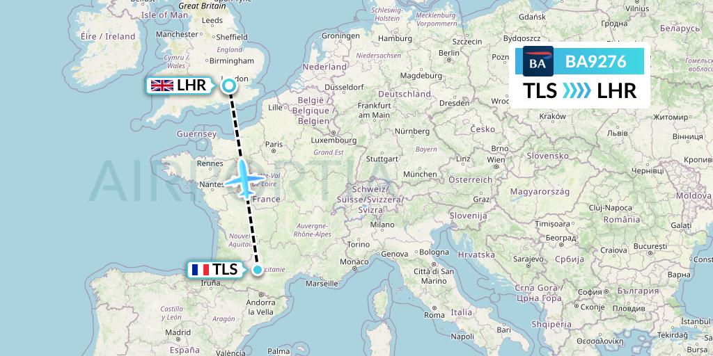 BA9276 British Airways Flight Map: Toulouse to London