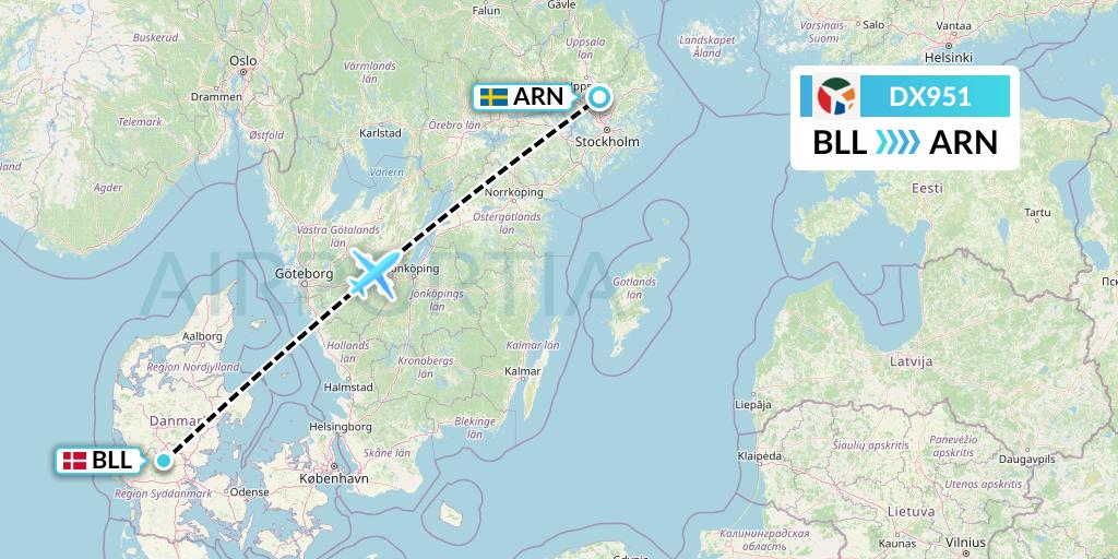 DX951 Danish Air Transport Flight Map: Billund to Stockholm