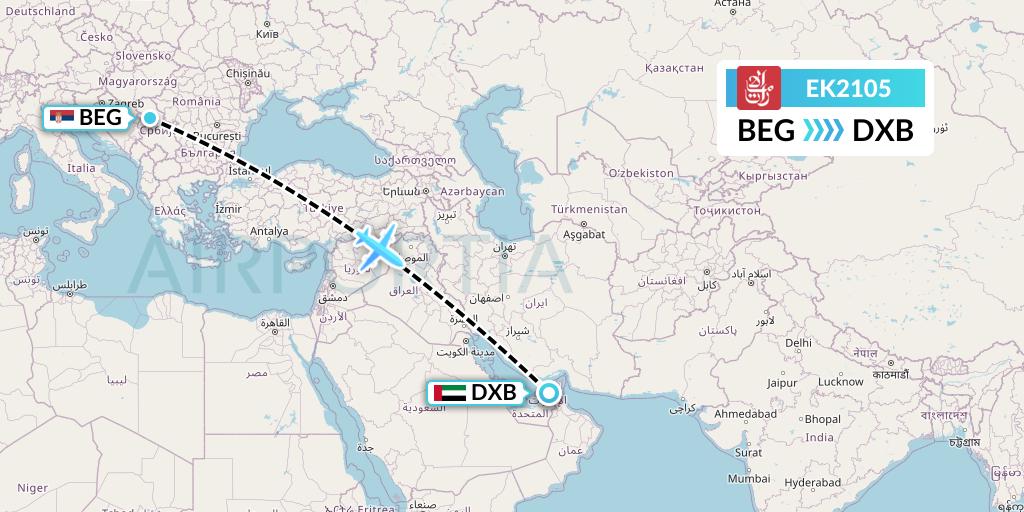 EK2105 Emirates Flight Map: Belgrade to Dubai