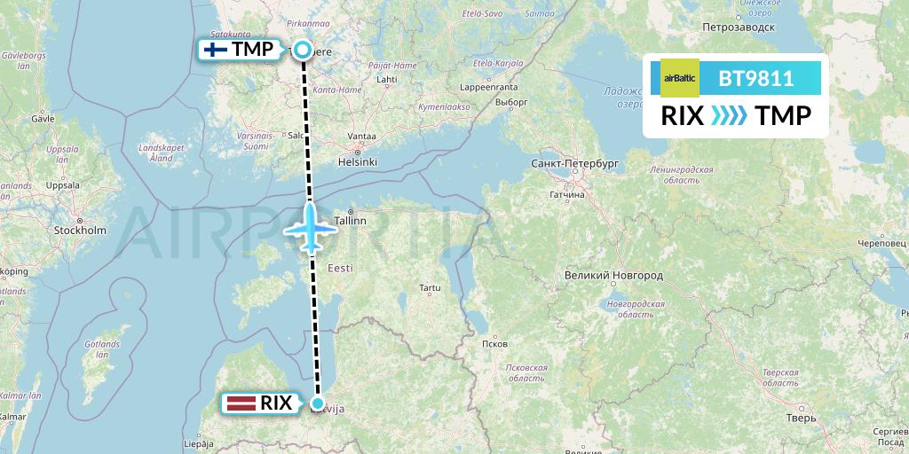 BT9811 Air Baltic Flight Map: Riga to Tampere