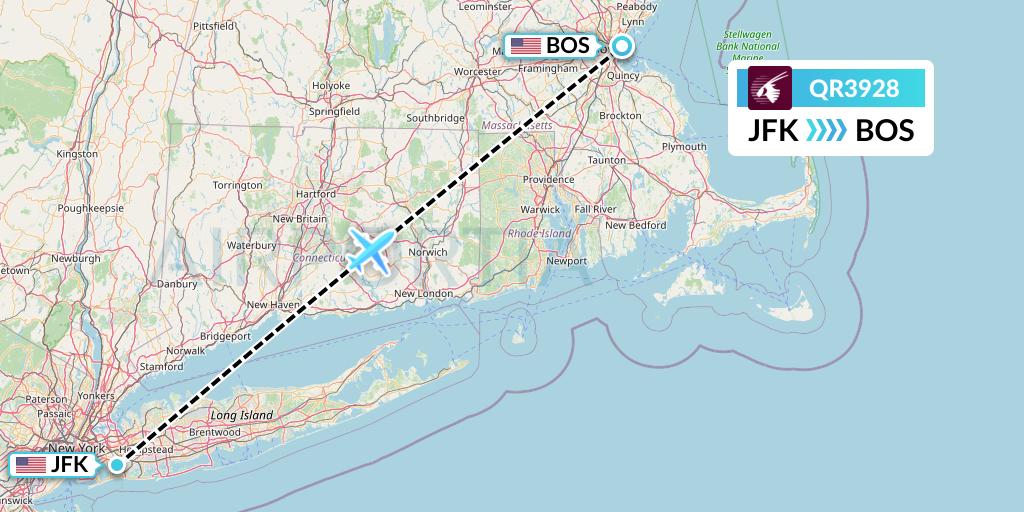 QR3928 Qatar Airways Flight Map: New York to Boston