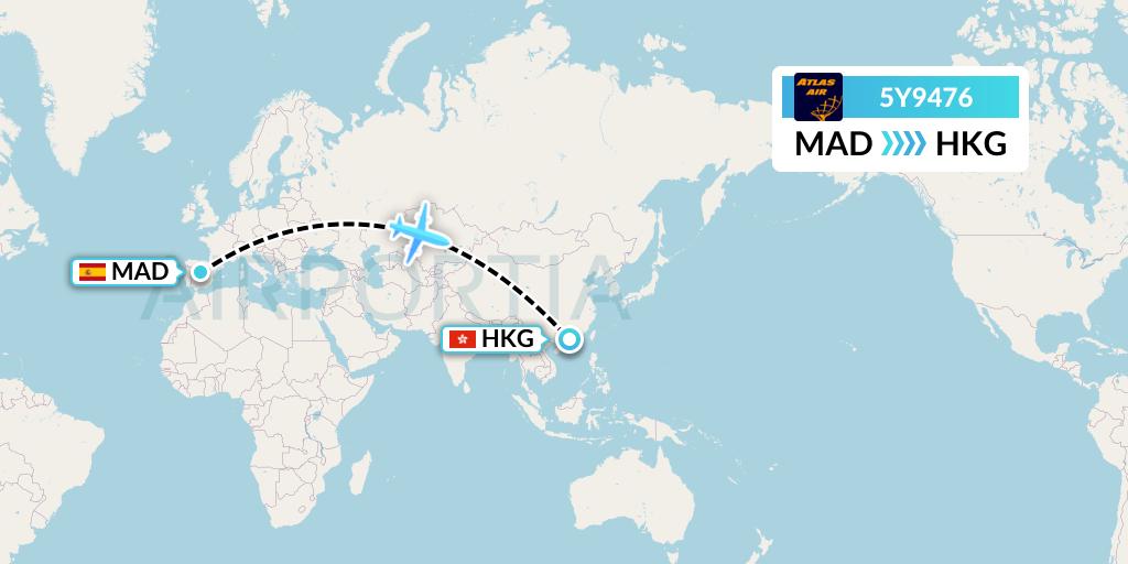 5Y9476 Atlas Air Flight Map: Madrid to Hong Kong