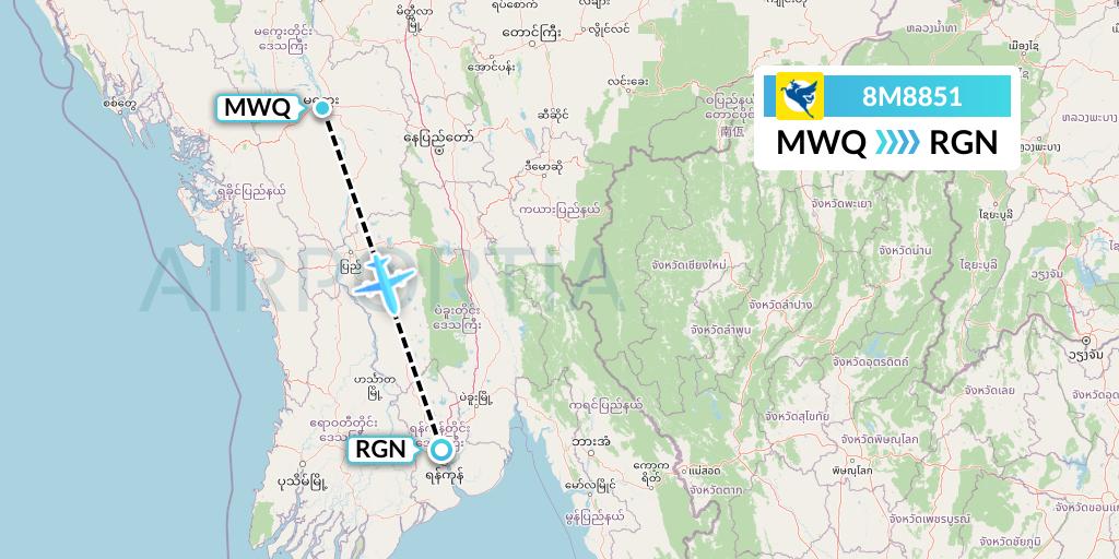 8M8851 Myanmar Airways International Flight Map: Magway to Yangon