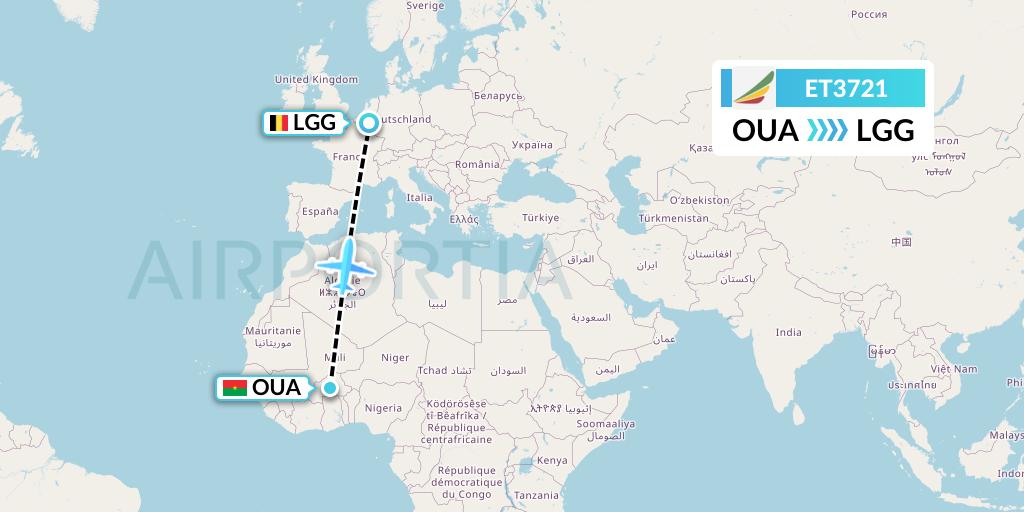 ET3721 Ethiopian Airlines Flight Map: Ouagadougou to Liege
