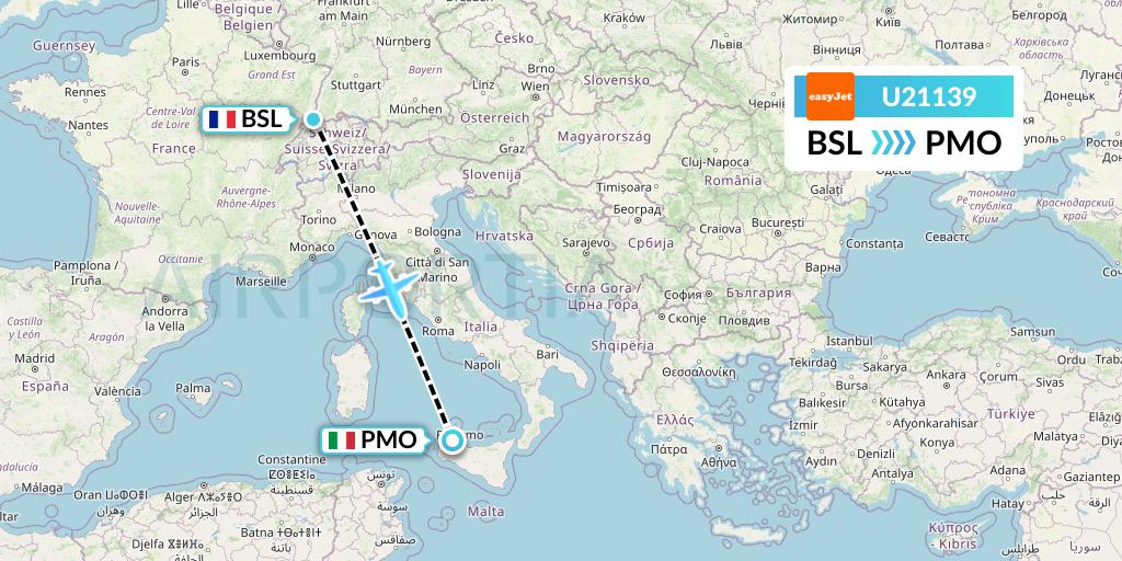 U21139 EasyJet Flight Map: Basel to Palermo