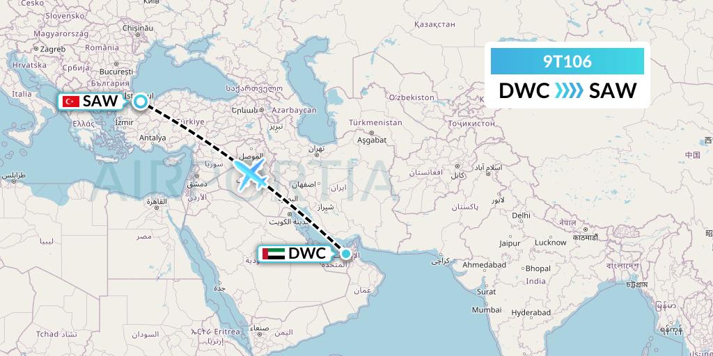 9T106 Transwest Air Flight Map: Dubai to Istanbul