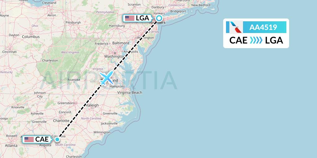 AA4519 American Airlines Flight Map: Columbia to New York
