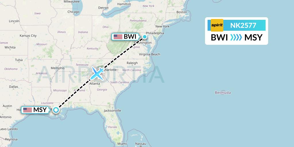 NK2577 Spirit Airlines Flight Map: Baltimore to New Orleans