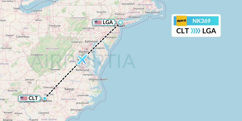 NK369 Spirit Airlines Flight Map: Charlotte to New York