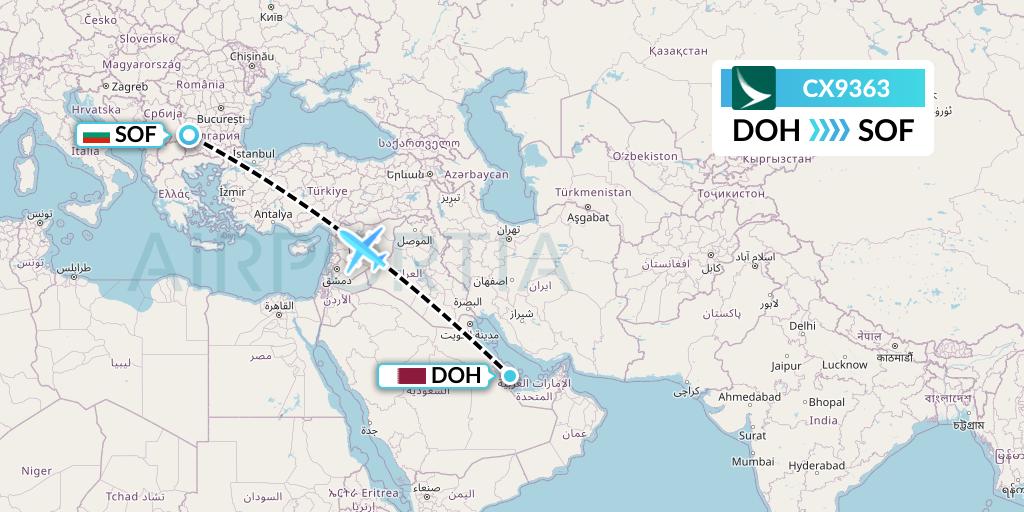 CX9363 Cathay Pacific Flight Map: Doha to Sofia