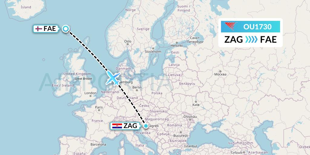 OU1730 Croatia Airlines Flight Map: Zagreb to Vagar