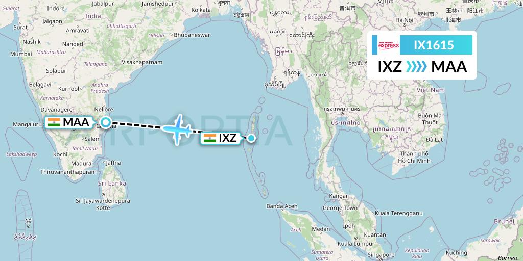 IX1615 Air India Express Flight Map: Port Blair to Chennai