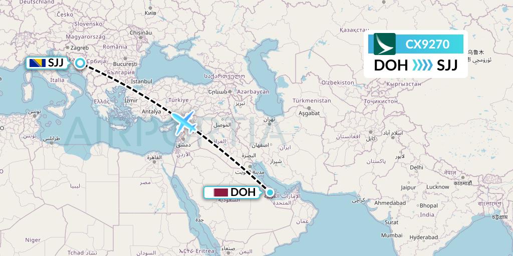 CX9270 Cathay Pacific Flight Map: Doha to Sarajevo