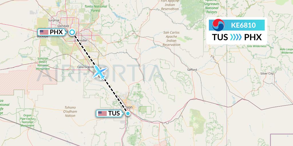 KE6810 Korean Air Flight Map: Tucson to Phoenix