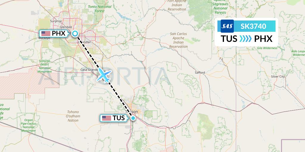 SK3740 SAS Flight Map: Tucson to Phoenix