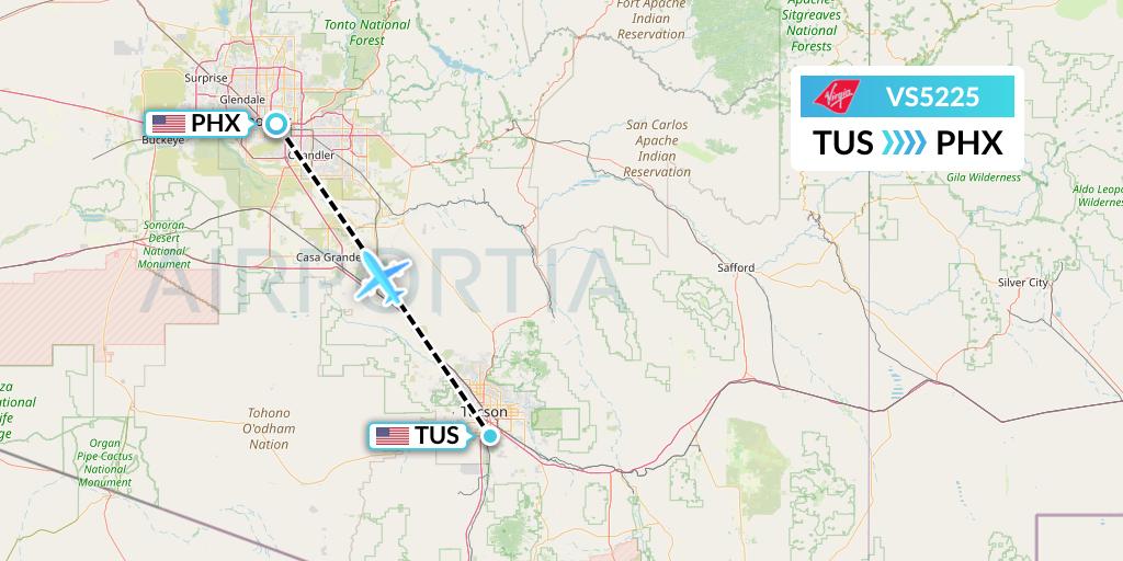 VS5225 Virgin Atlantic Airways Flight Map: Tucson to Phoenix