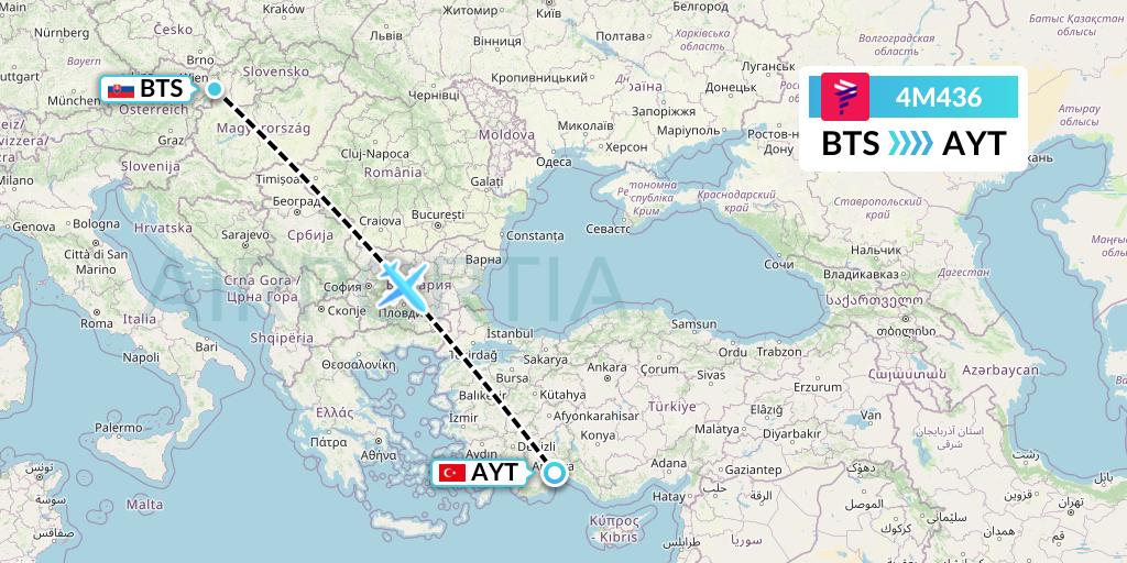 4M436 LATAM Airlines Argentina Flight Map: Bratislava to Antalya