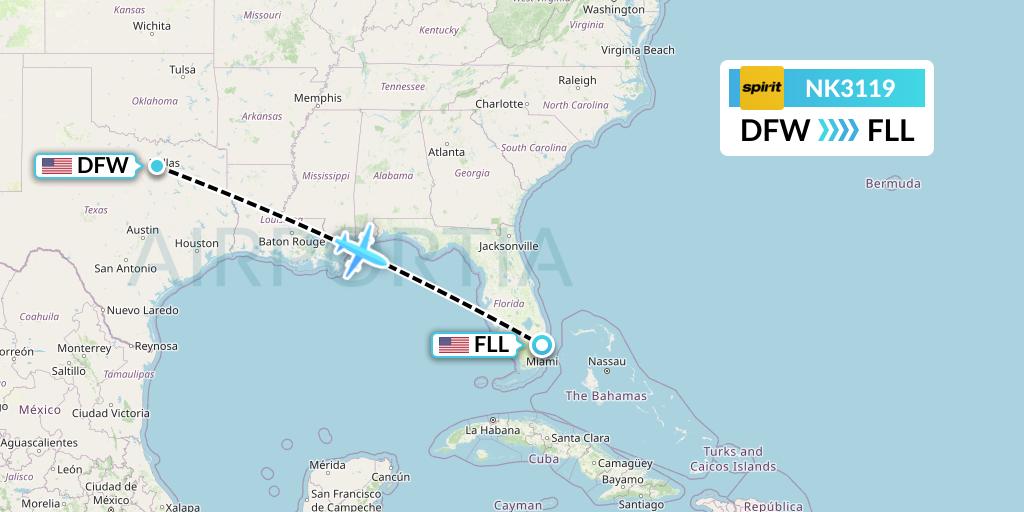 NK3119 Spirit Airlines Flight Map: Dallas to Fort Lauderdale