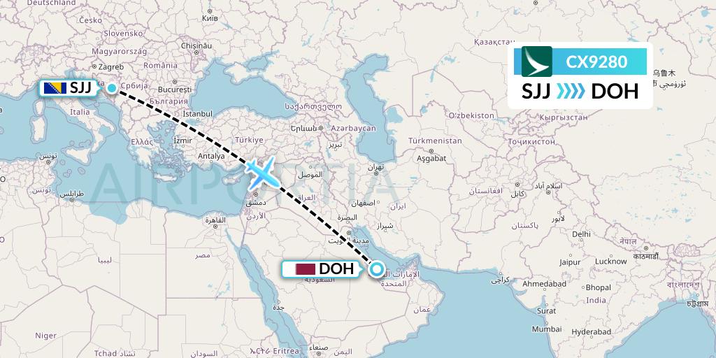CX9280 Cathay Pacific Flight Map: Sarajevo to Doha