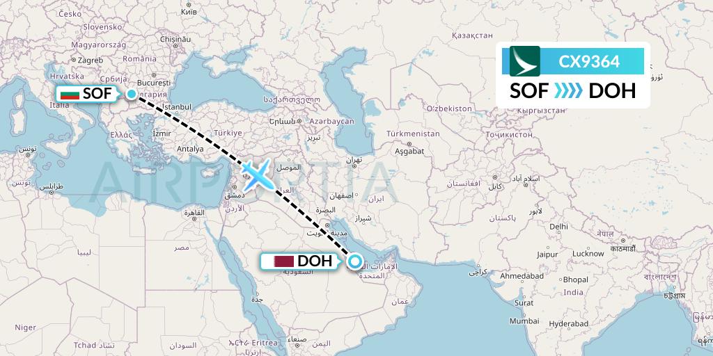CX9364 Cathay Pacific Flight Map: Sofia to Doha