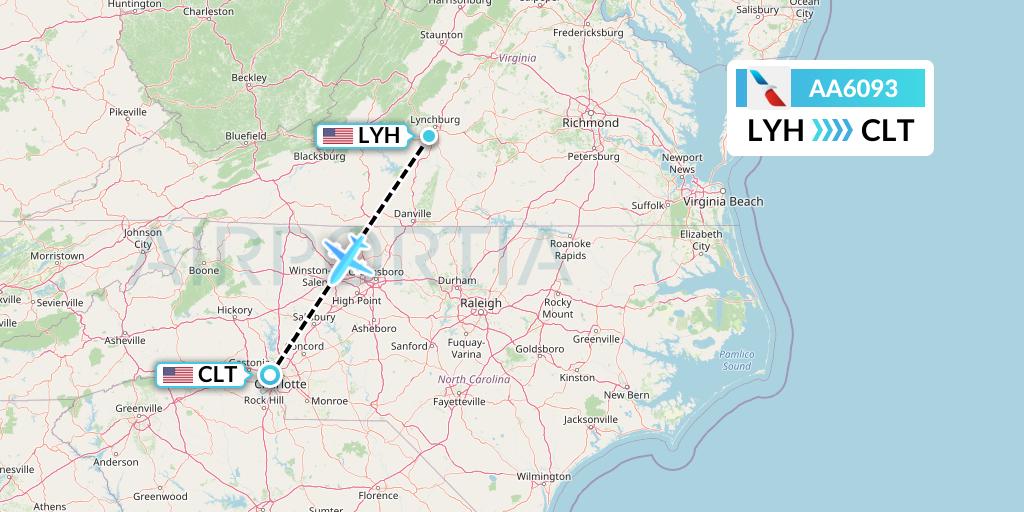 AA6093 American Airlines Flight Map: Lynchburg to Charlotte