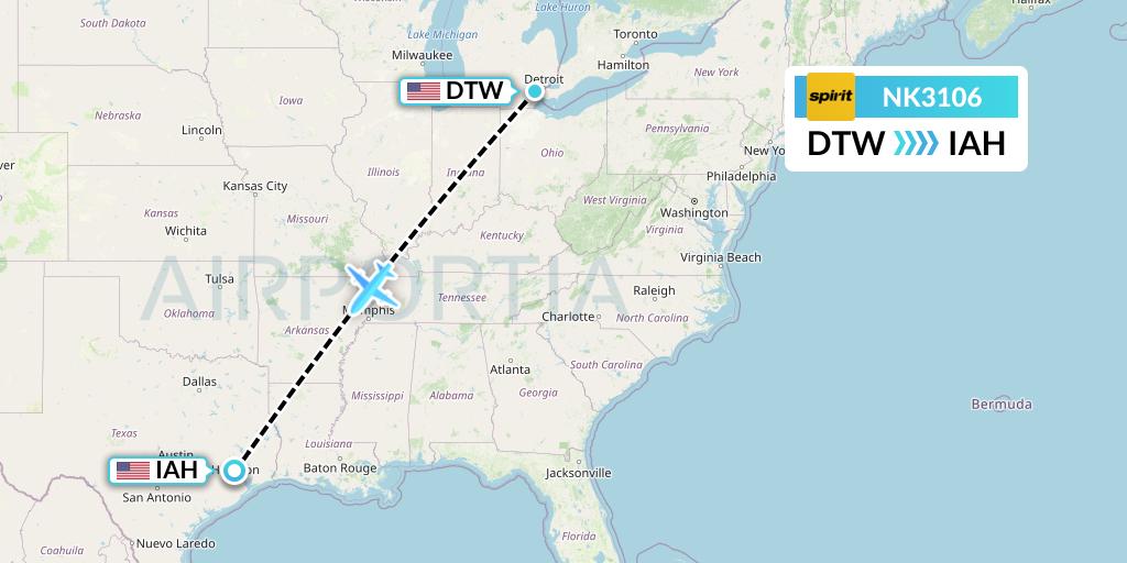 NK3106 Spirit Airlines Flight Map: Detroit to Houston
