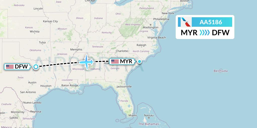 AA5186 American Airlines Flight Map: Myrtle Beach to Dallas