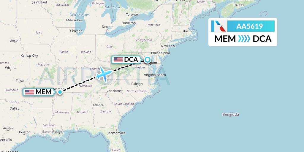 AA5619 American Airlines Flight Map: Memphis to Washington