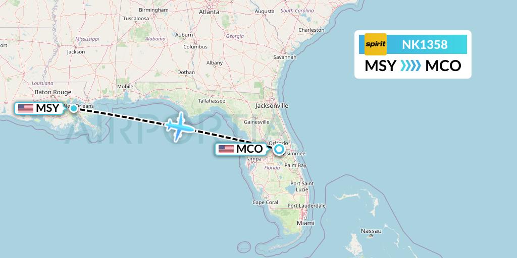 NK1358 Spirit Airlines Flight Map: New Orleans to Orlando