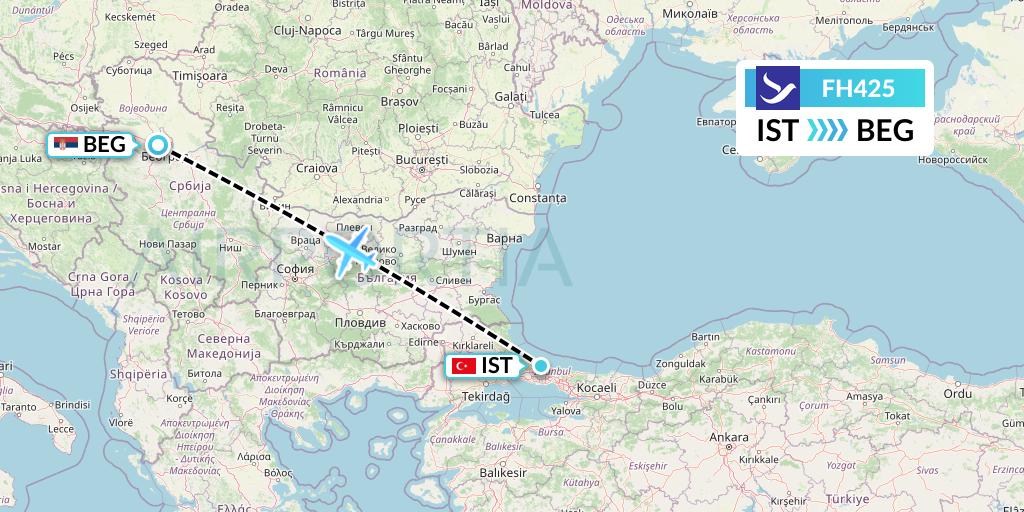 FH425 Freebird Airlines Flight Map: Istanbul to Belgrade
