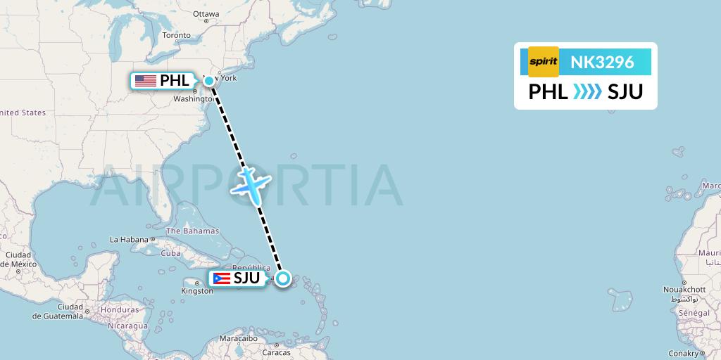 NK3296 Spirit Airlines Flight Map: Philadelphia to San Juan