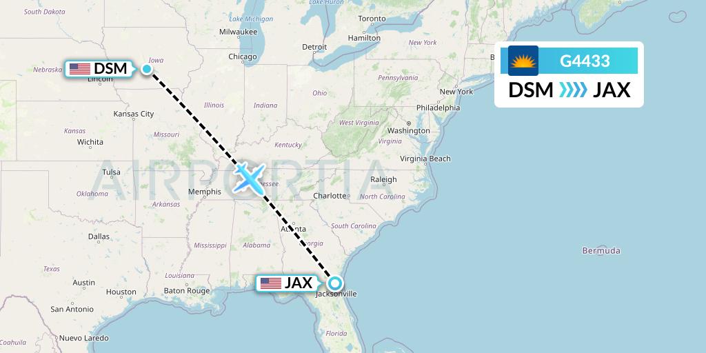 G4433 Allegiant Air Flight Map: Des Moines to Jacksonville