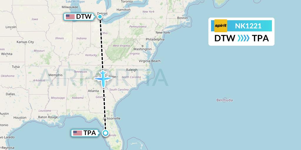 NK1221 Spirit Airlines Flight Map: Detroit to Tampa