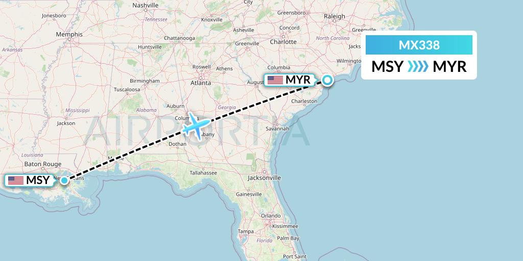 MX338 Breeze Airways Flight Map: New Orleans to Myrtle Beach