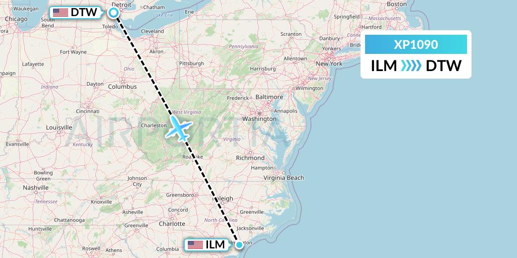 XP1090 Avelo Airlines Flight Map: Wilmington to Detroit