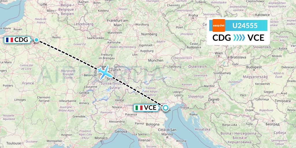 U24555 EasyJet Flight Map: Paris to Venice