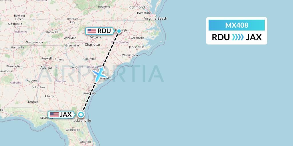 MX408 Breeze Airways Flight Map: Raleigh-Durham to Jacksonville