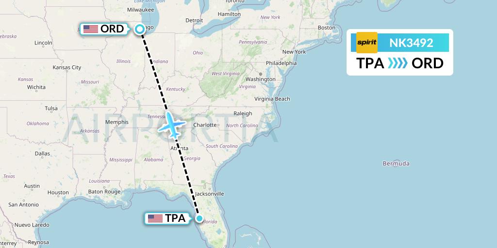 NK3492 Spirit Airlines Flight Map: Tampa to Chicago