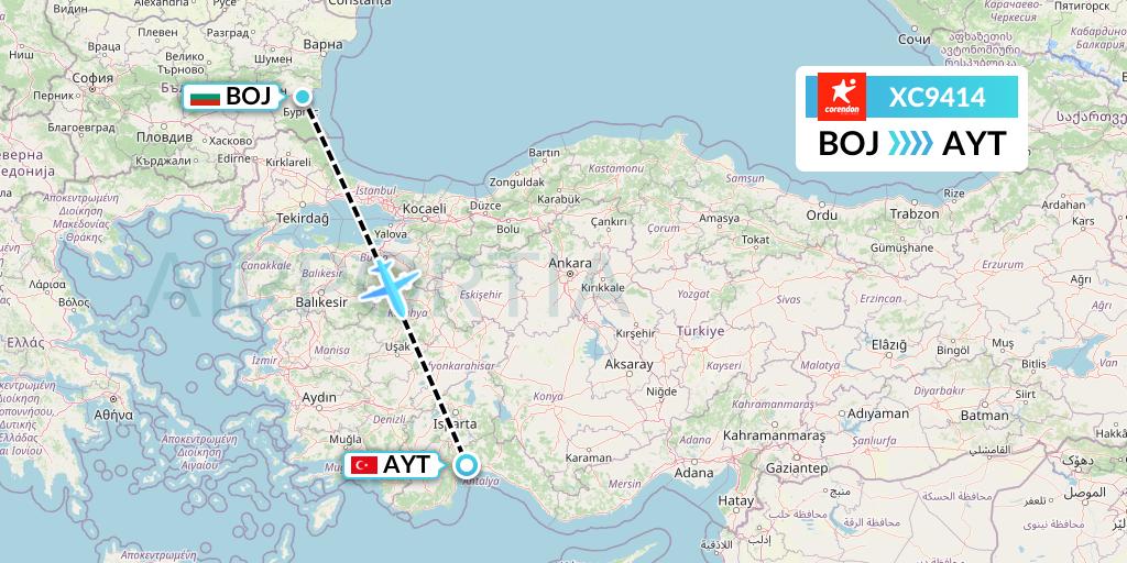 XC9414 Corendon Airlines Flight Map: Burgas to Antalya
