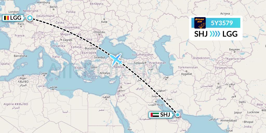 5Y3579 Atlas Air Flight Map: Sharjah to Liege