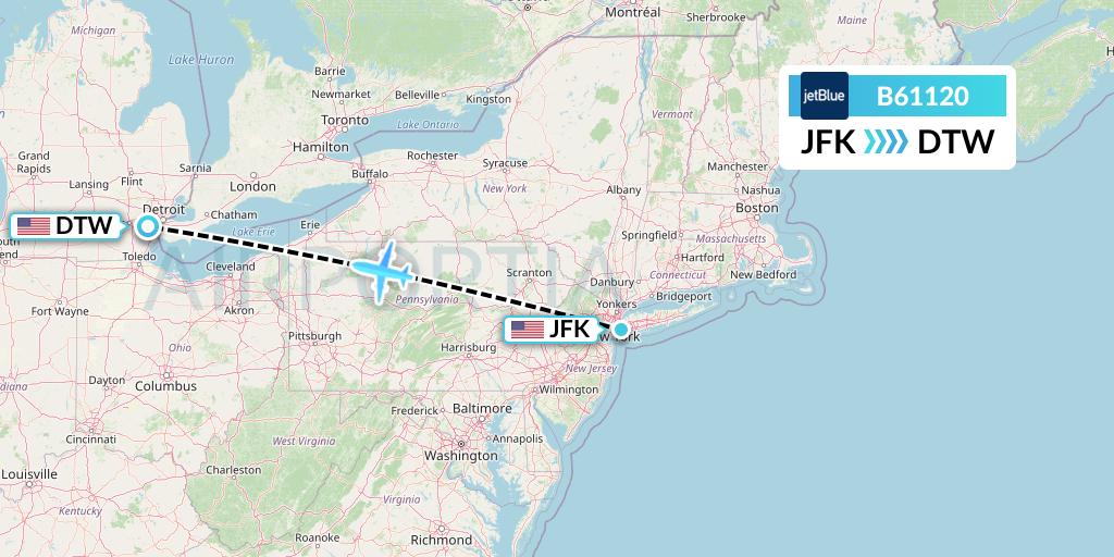 B61120 JetBlue Airways Flight Map: New York to Detroit