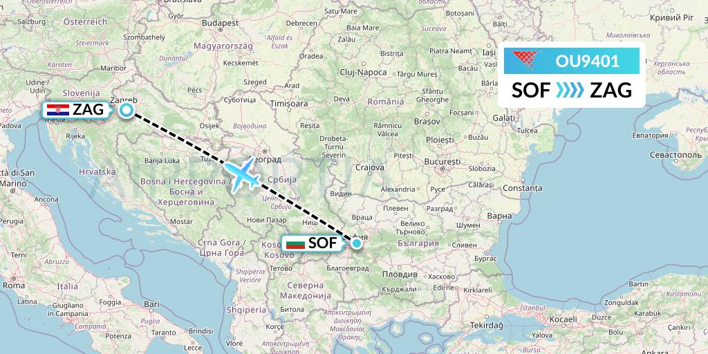 OU9401 Croatia Airlines Flight Map: Sofia to Zagreb