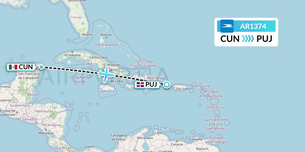 AR1374 Aerolineas Argentinas Flight Map: Cancun to Punta Cana