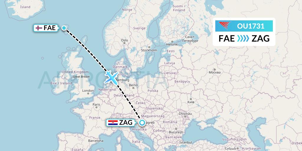 OU1731 Croatia Airlines Flight Map: Vagar to Zagreb